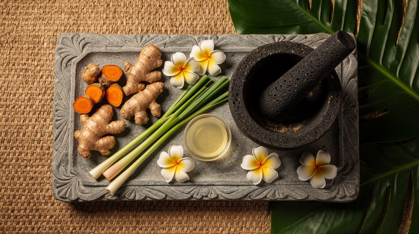 traditional Balinese herbal spa ingredients turmeric frangipani