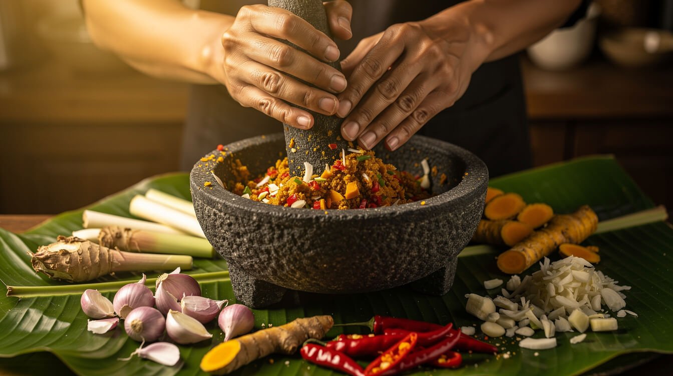 Grinding traditional Balinese spice paste bumbu by hand