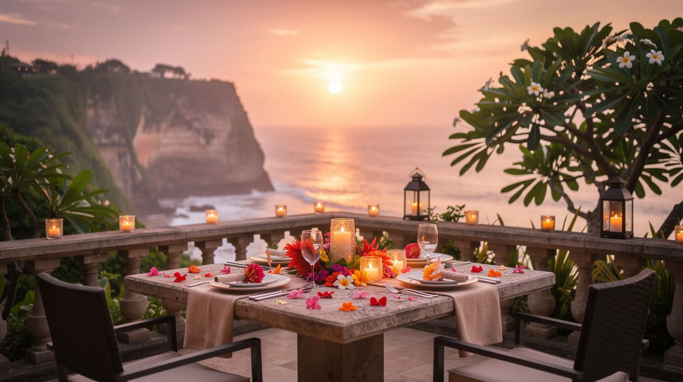 romantic Bali clifftop sunset dinner setting