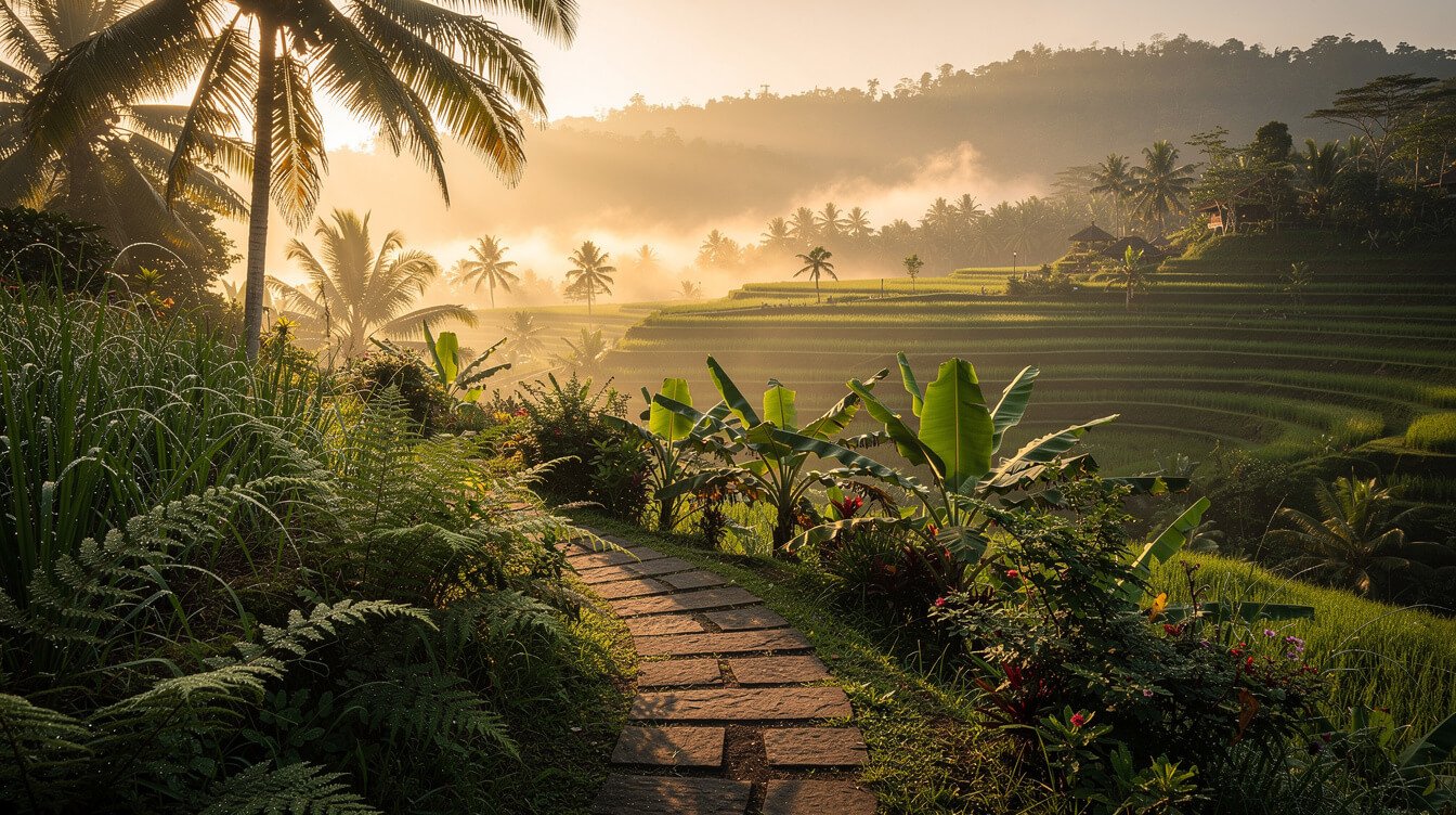 Warm Ubud morning rice terraces mist
