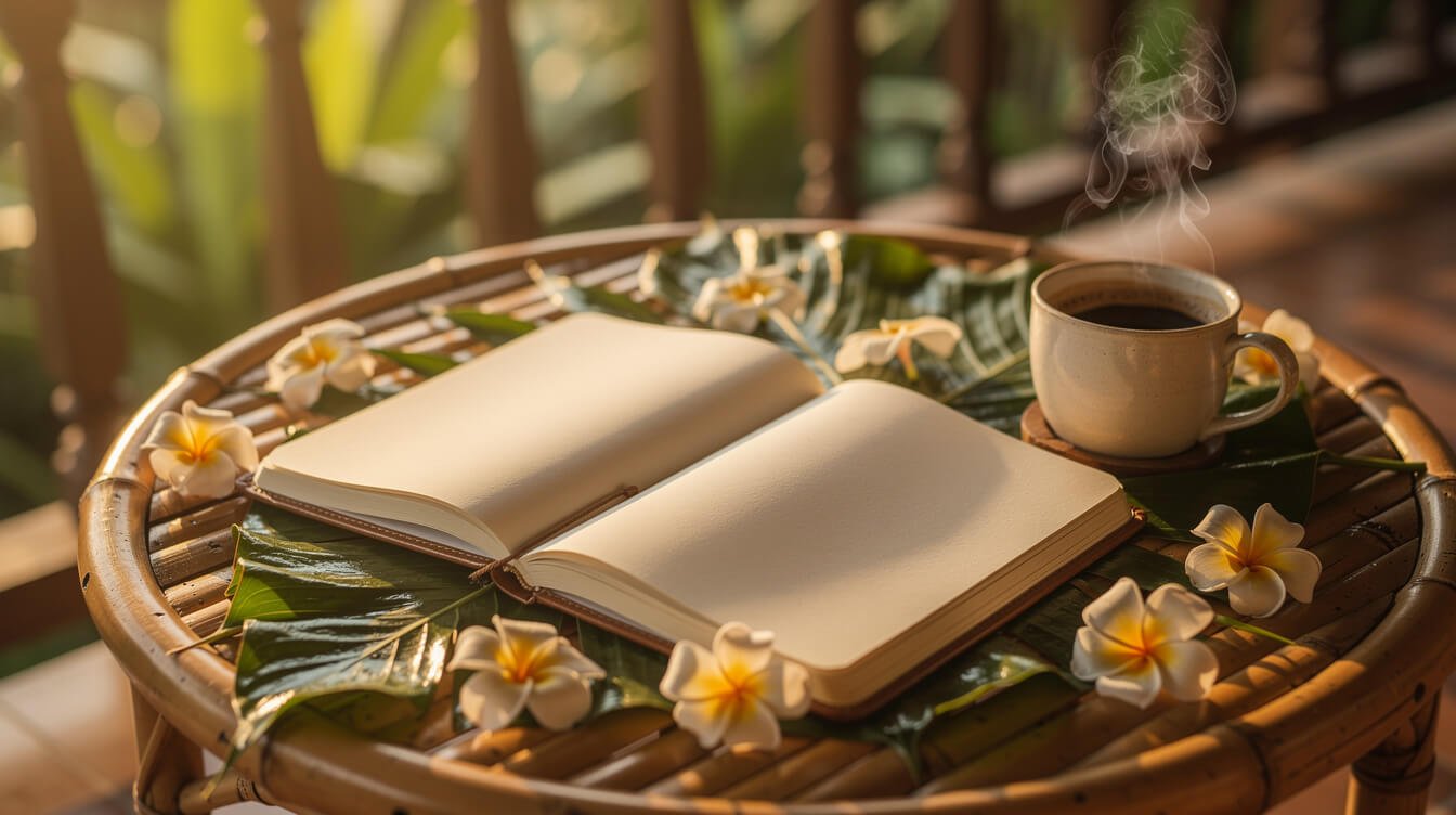 Travel journal and Balinese coffee on veranda