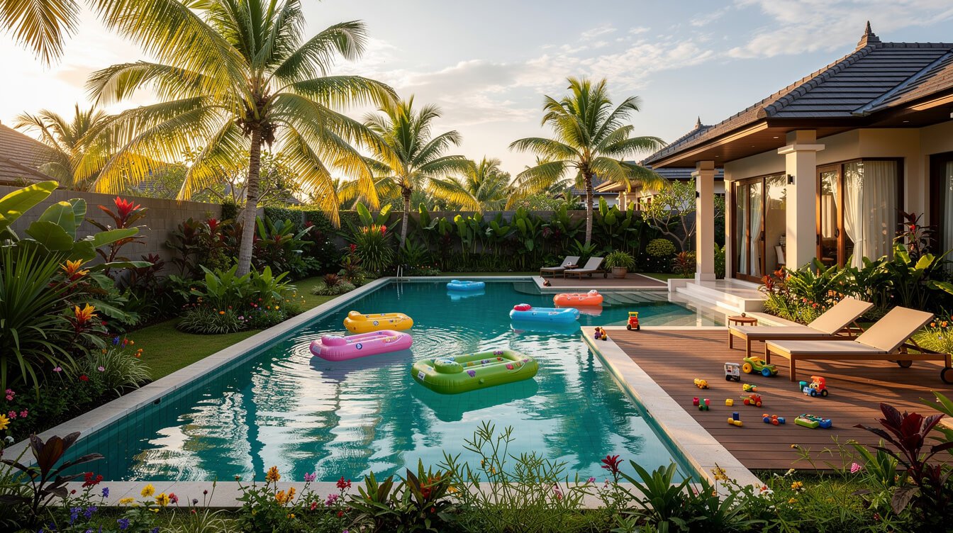 spacious Bali villa garden with family-friendly swimming pool