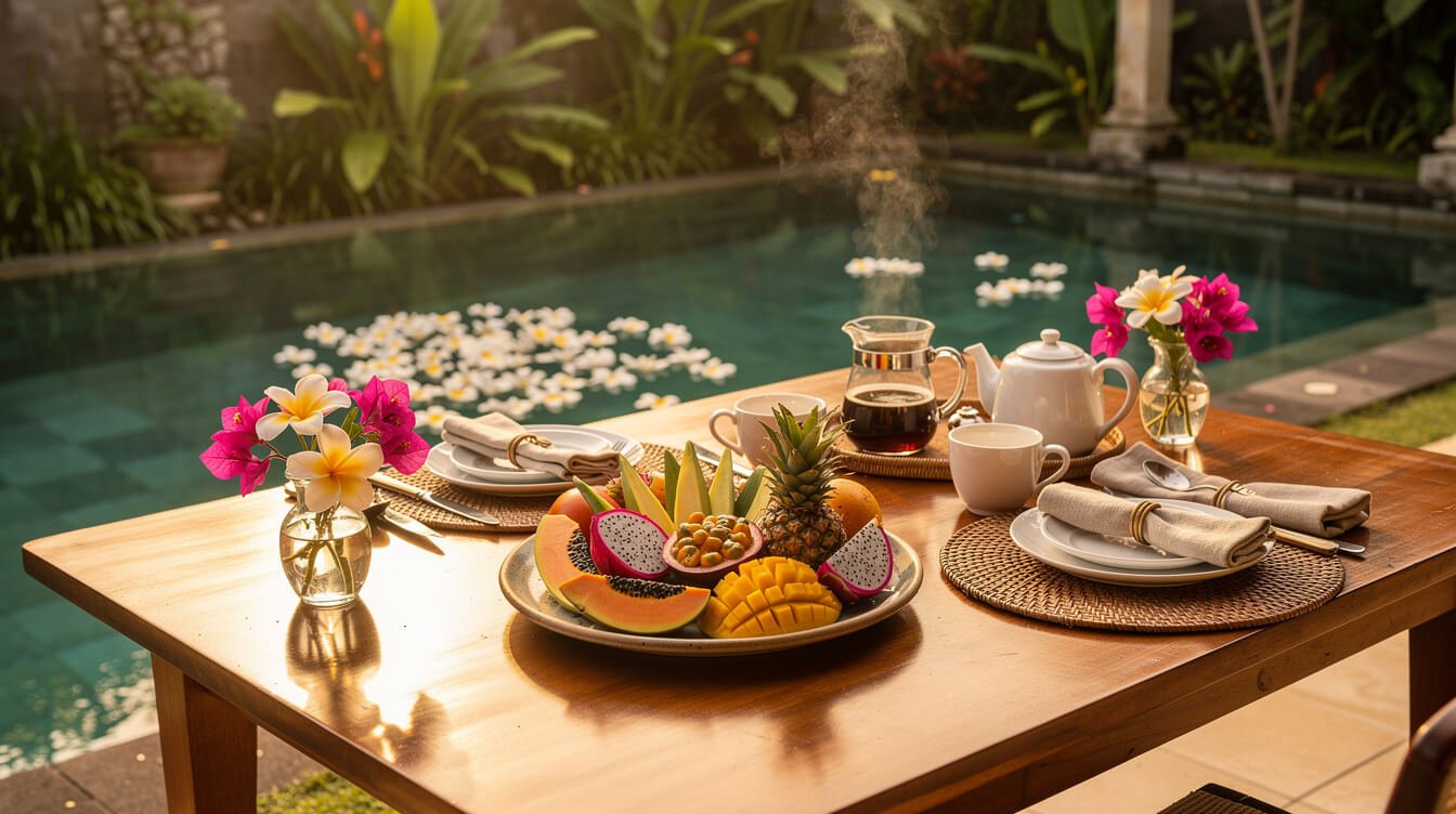 private Bali villa breakfast by the pool with tropical fruit