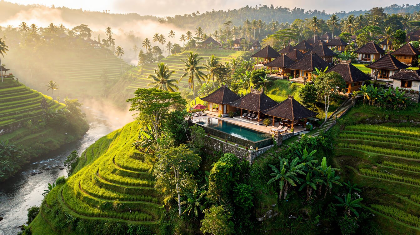 Ubud Bali rice terraces with boutique resort among tropical trees