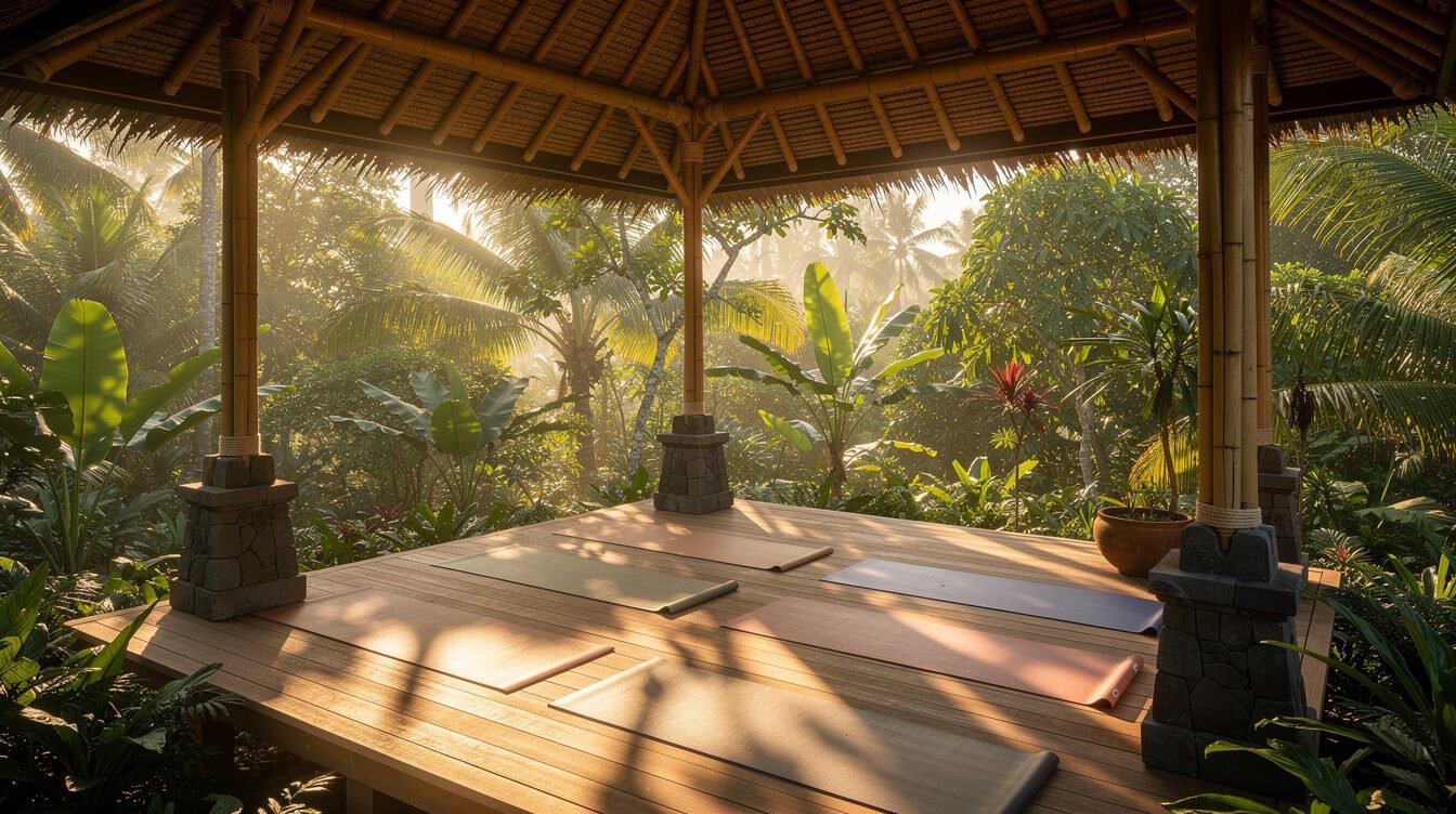open-air yoga pavilion in Bali jungle setting