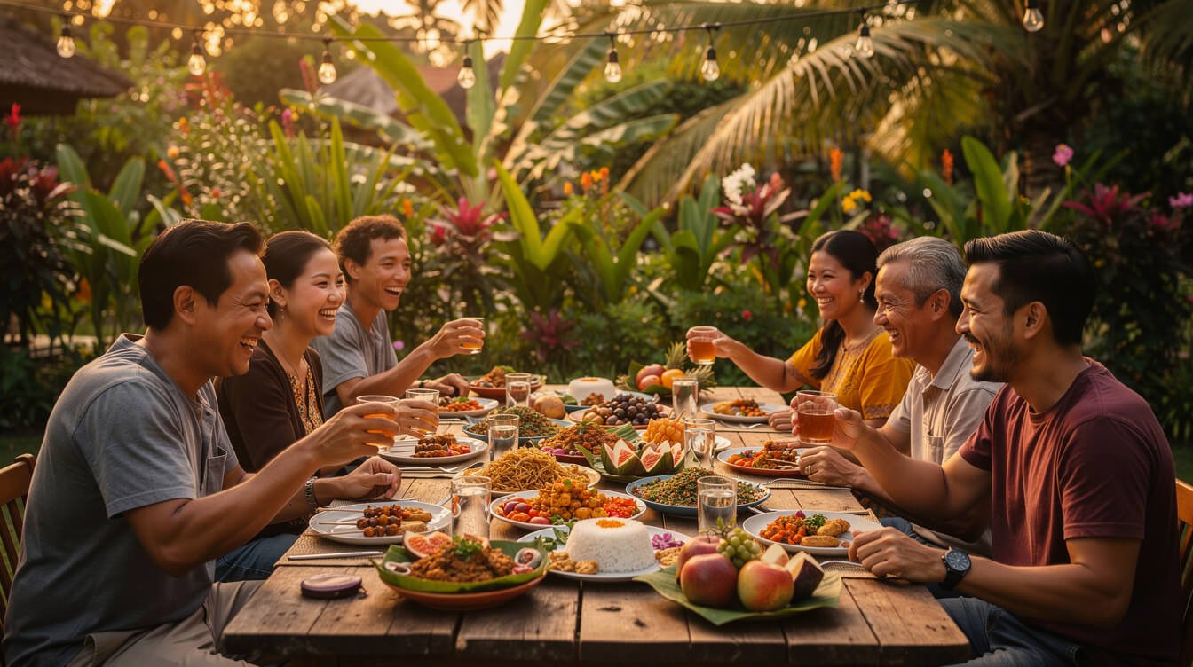 Group of travelers sharing a Balinese feast after a cooking class