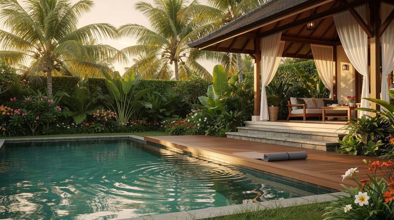 Villa Amrita pool deck with yoga mat Ubud