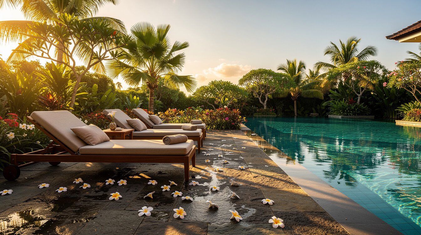 Villa Amrita pool deck golden hour