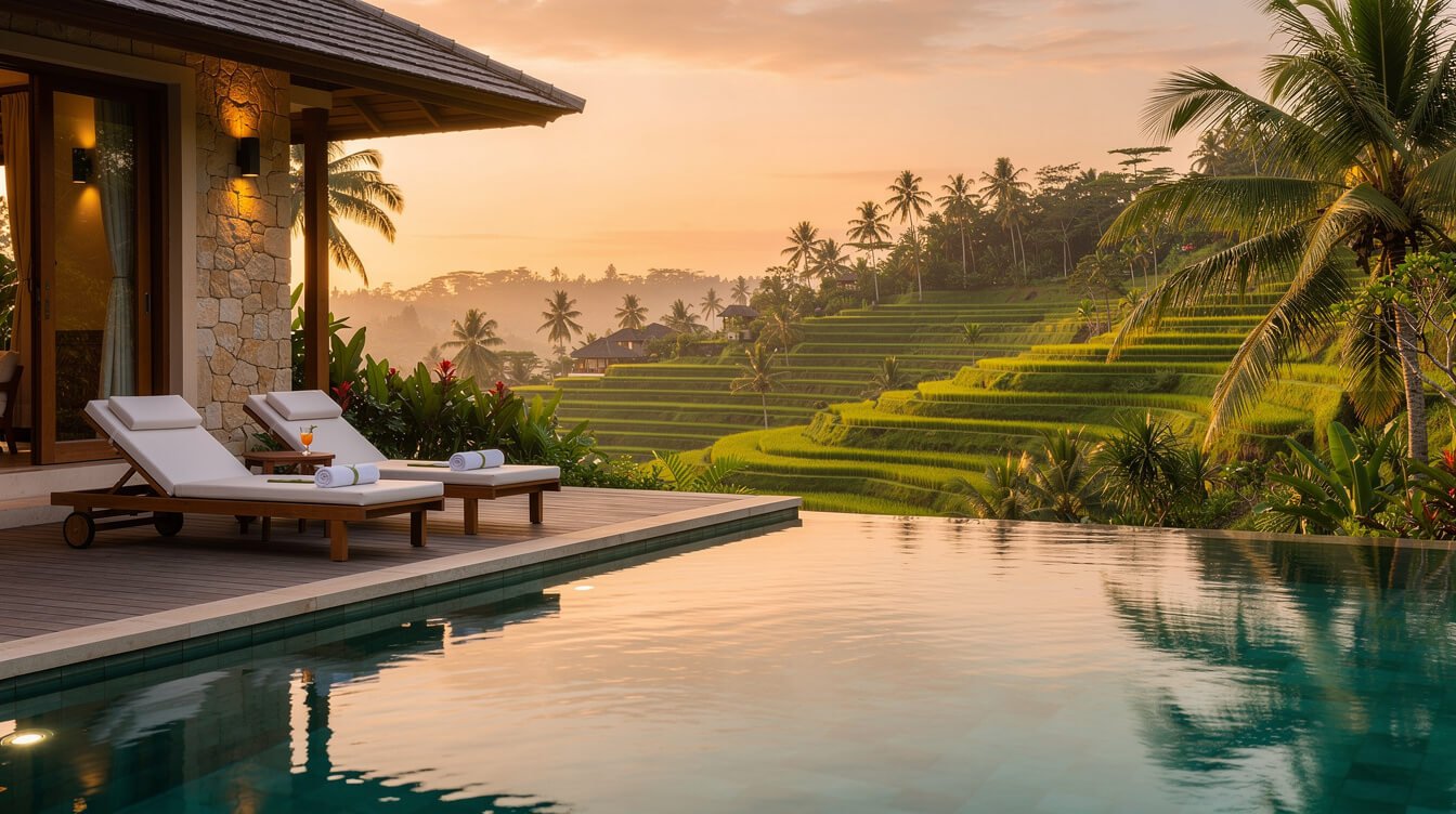 Villa Amrita pool deck overlooking Ubud rice terraces