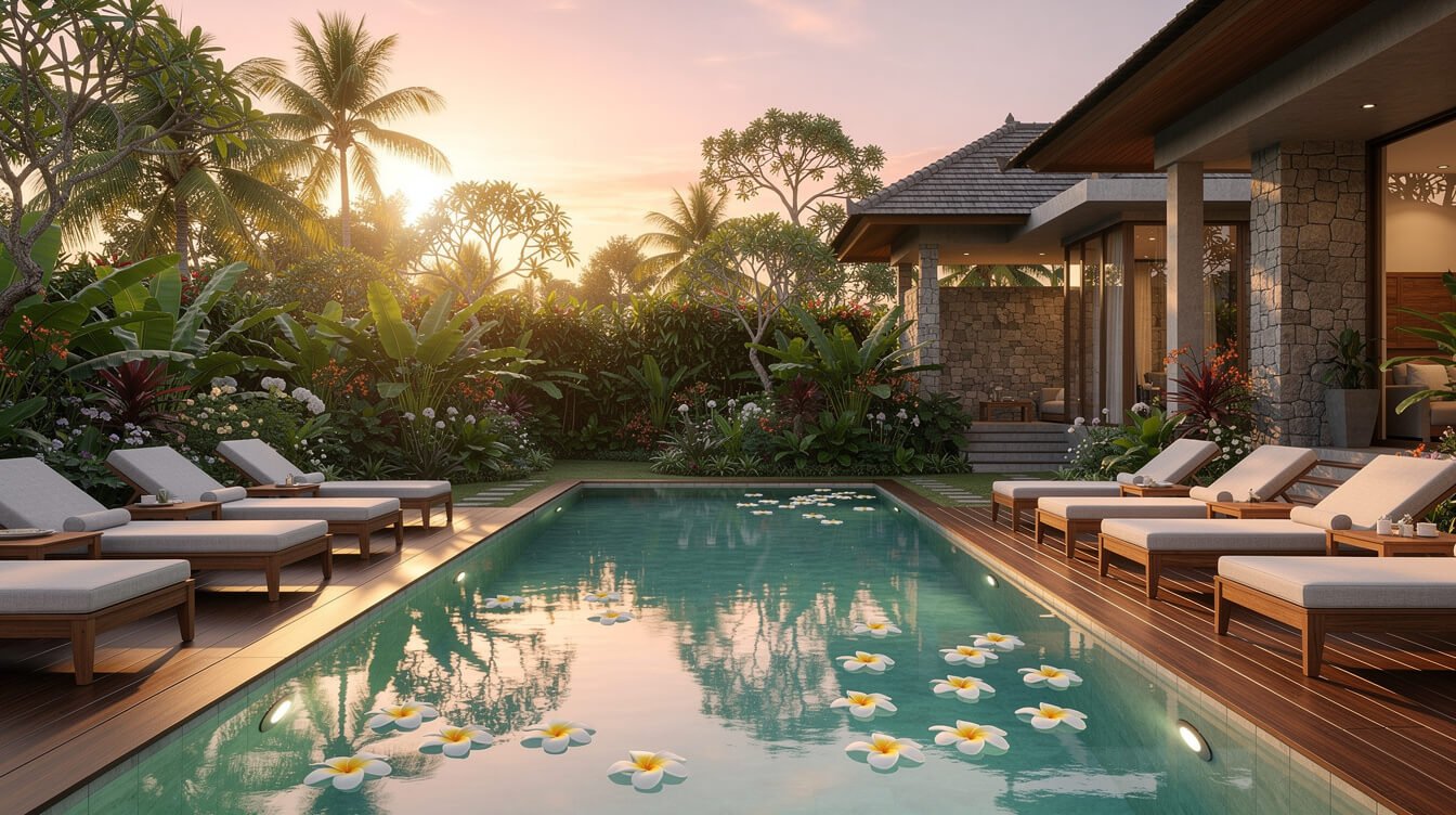 Villa Amrita pool deck at sunrise