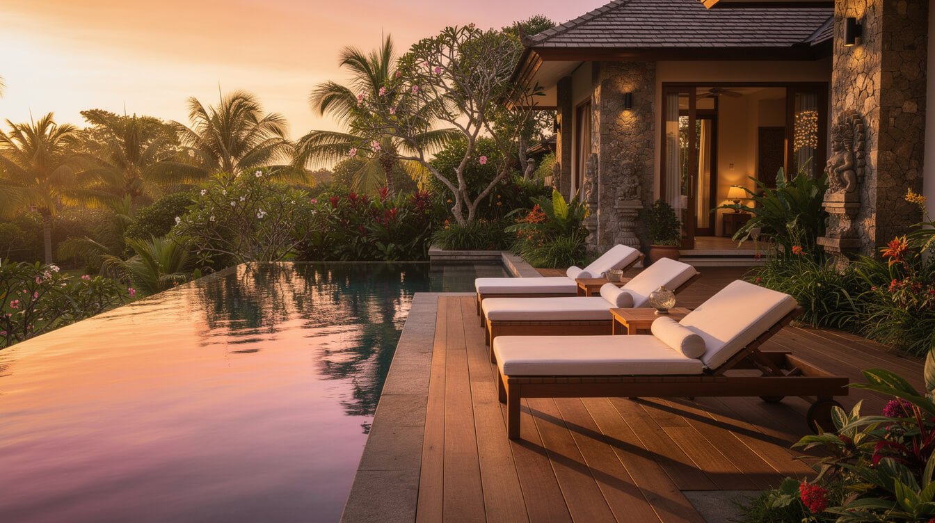 Villa Amrita pool deck at golden hour
