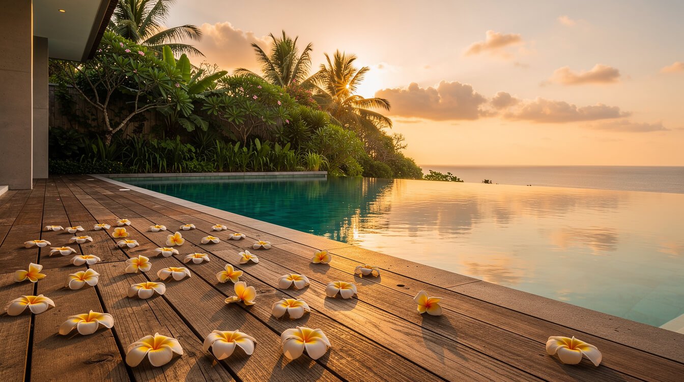 Villa Amrita pool deck at golden hour