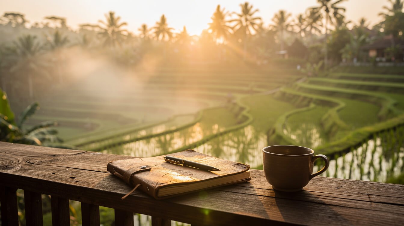 Ubud rice terraces morning mist