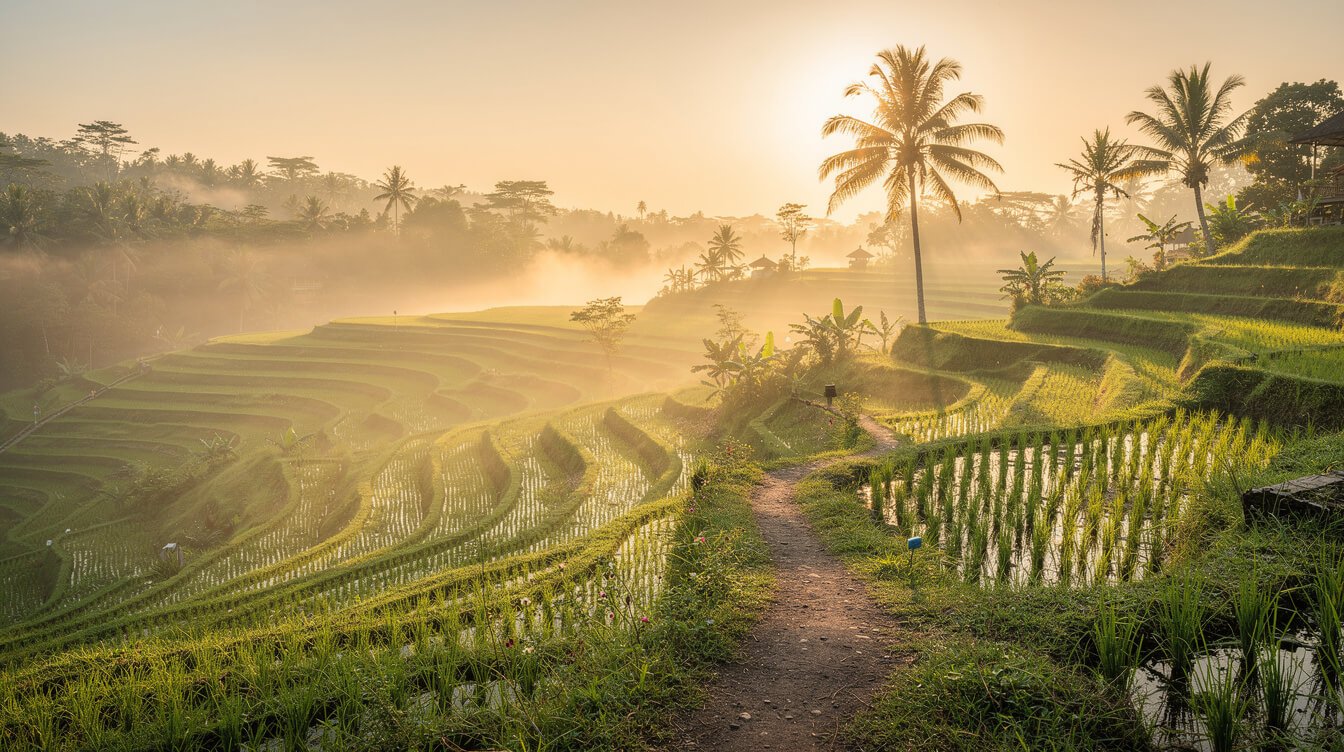 Ubud rice terraces at sunrise morning mist