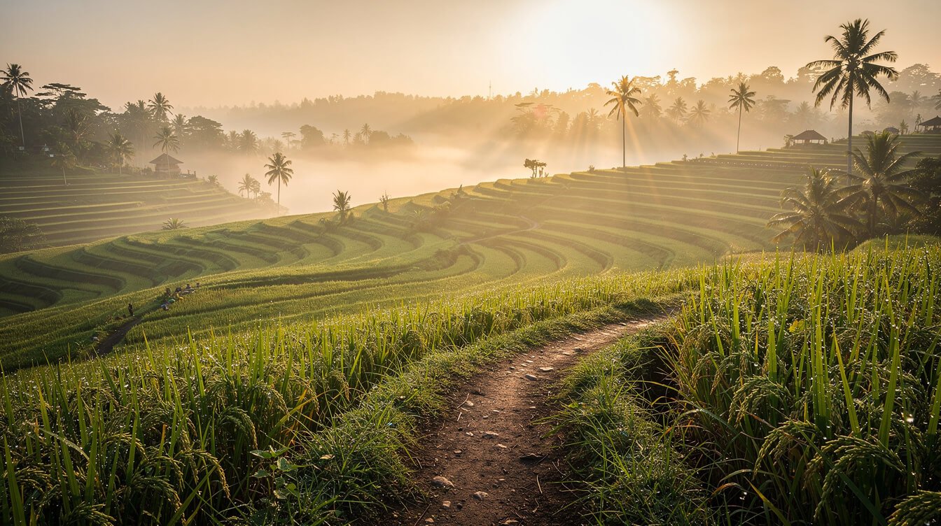 Misty Ubud rice terraces at sunrise
