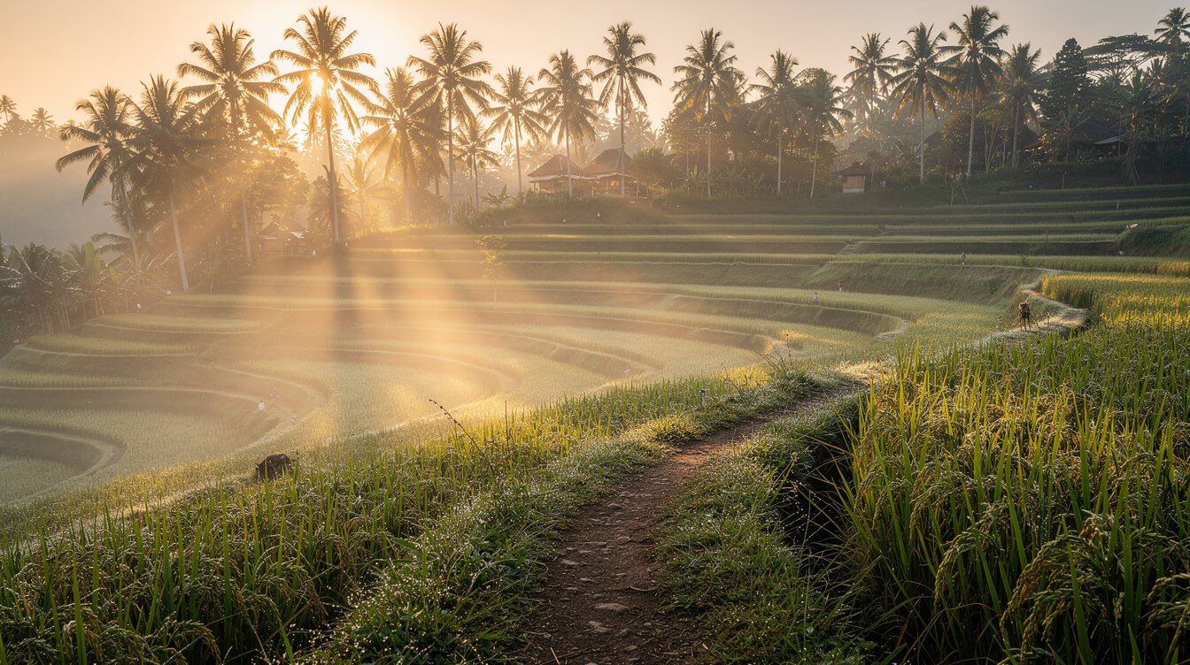Misty morning over Ubud rice terraces at sunrise