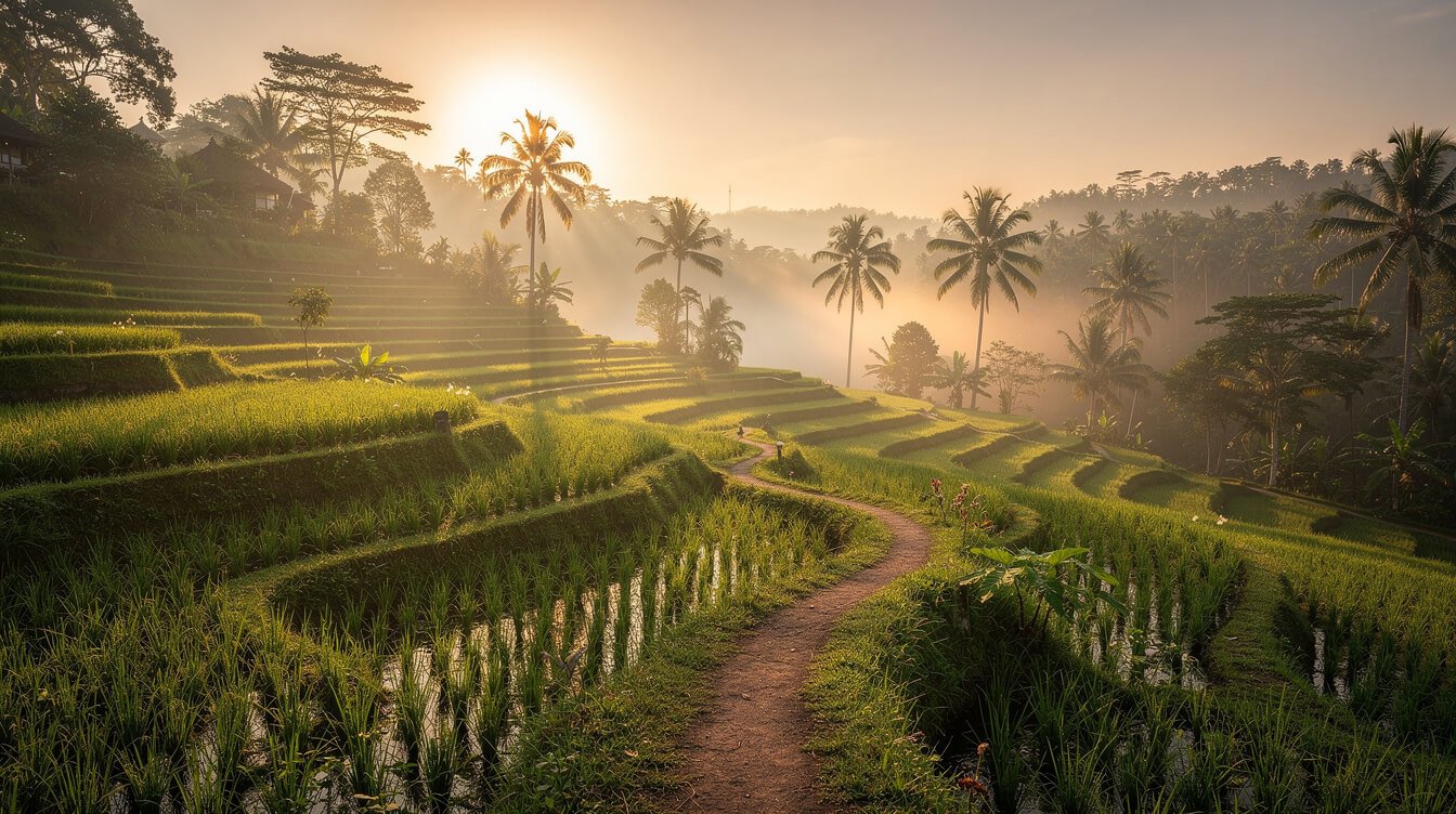 Ubud rice terraces morning mist