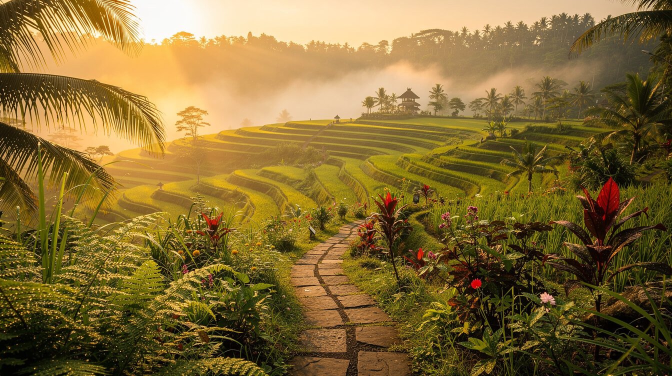 Ubud rice terraces sunrise morning mist