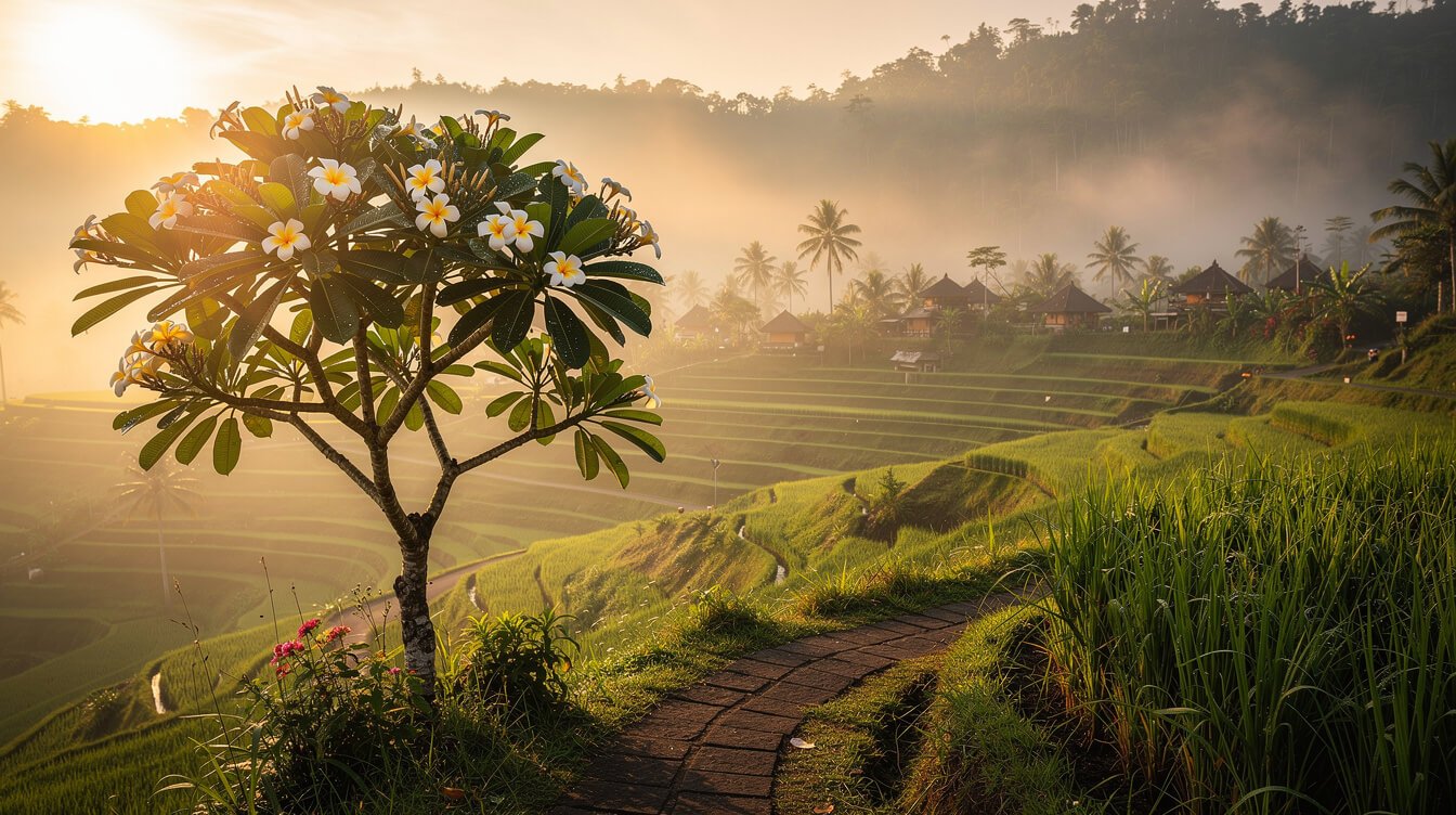 Ubud rice terraces sunrise morning mist