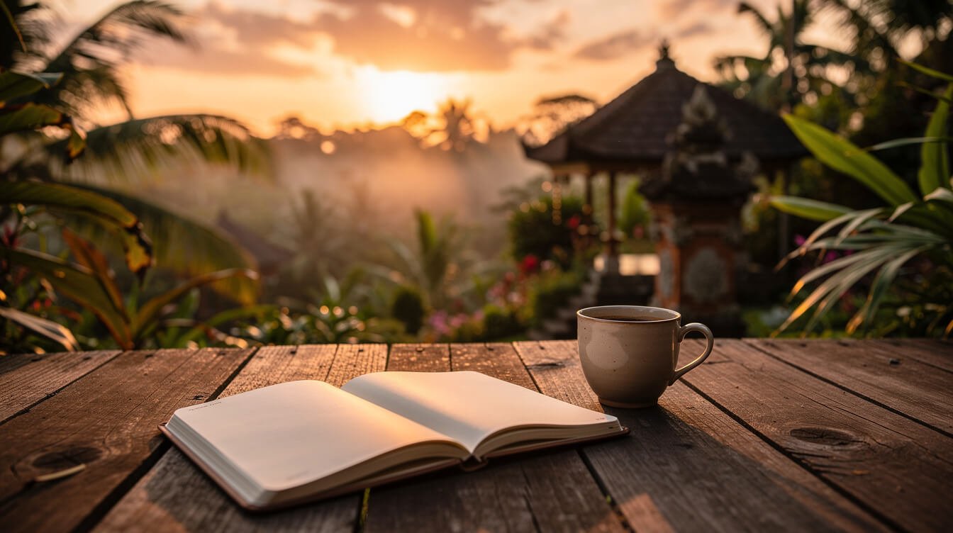 Notebook and coffee on a villa deck at sunset in Ubud