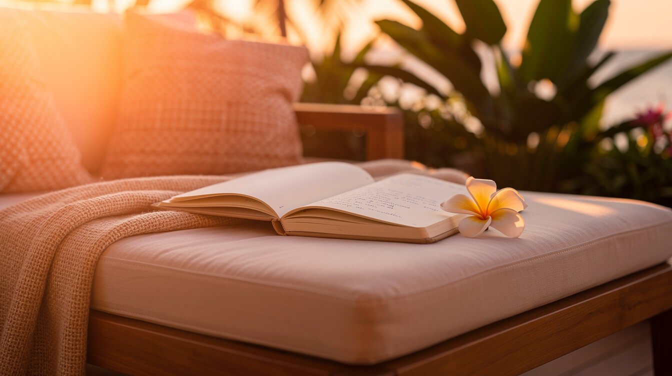Notebook on a teak daybed with tropical leaves