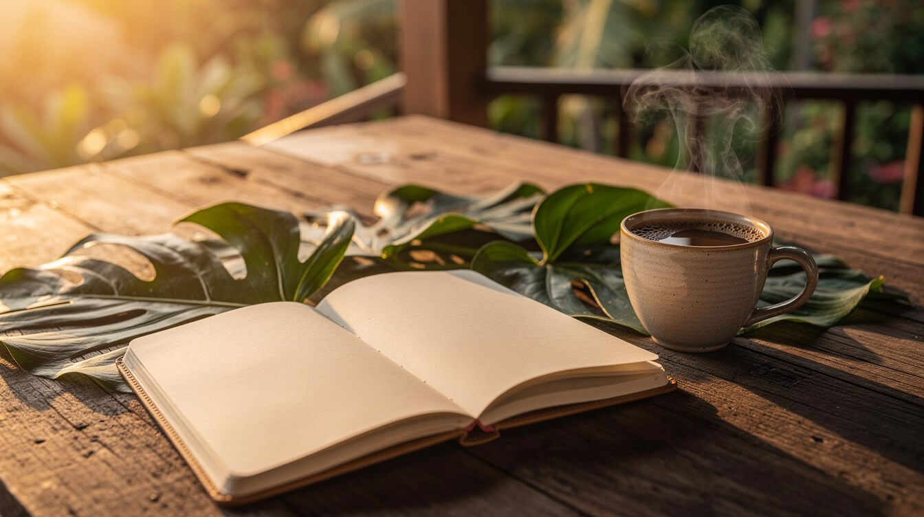 Travel journal and coffee on Bali terrace