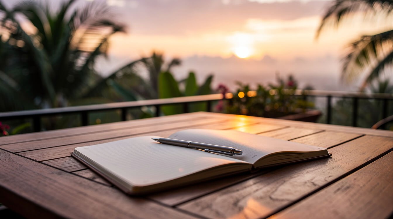 Sunset deck notebook Bali evening