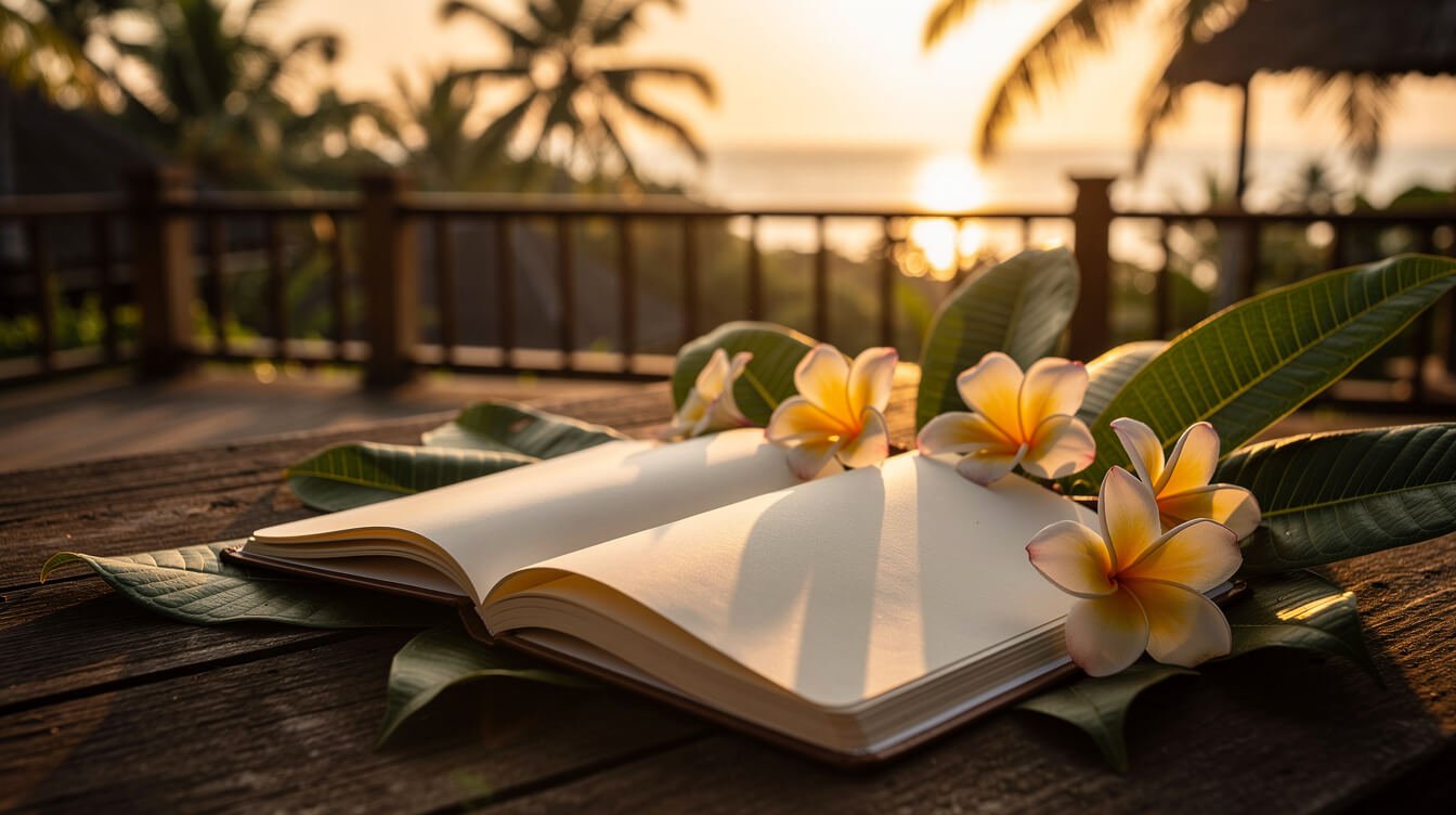 Open notebook on tropical deck for newsletter signup