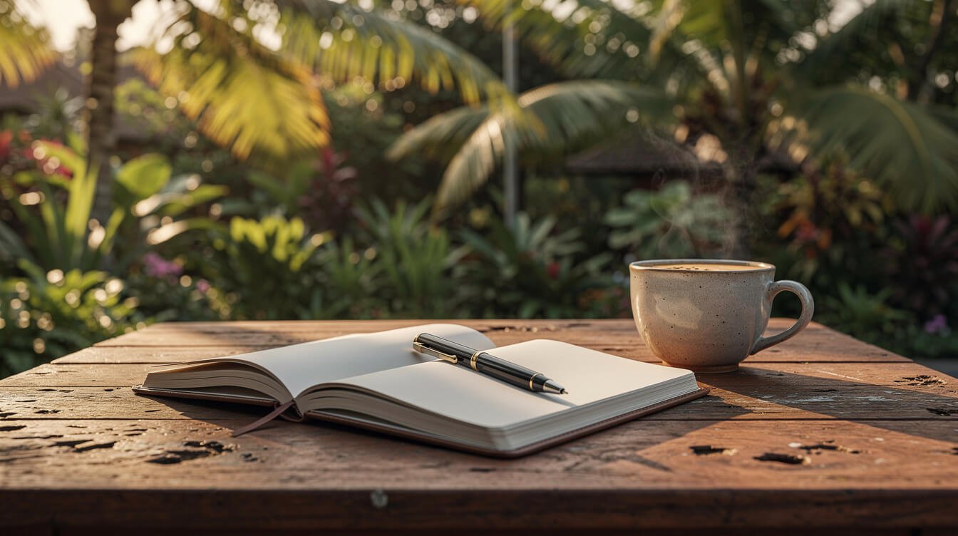 Tropical notebook and coffee on a teak table