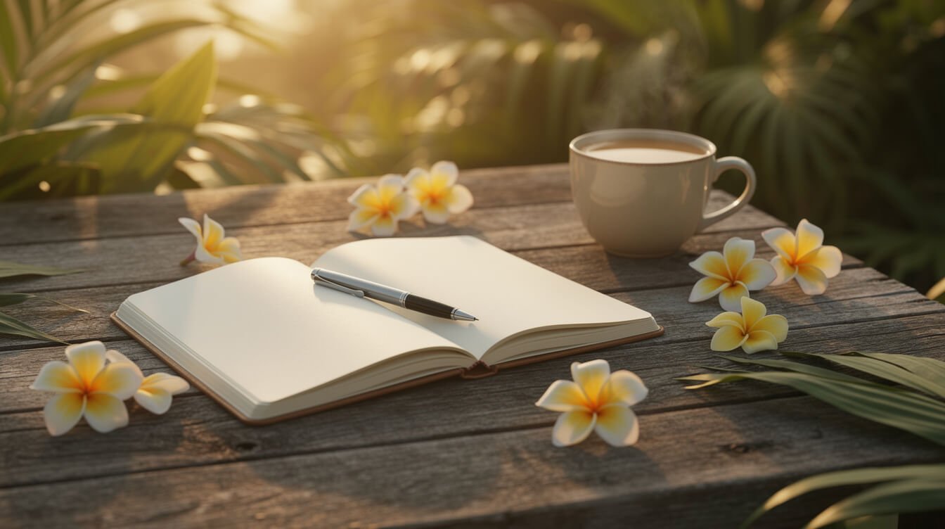 Tropical notebook and pen with frangipani flowers