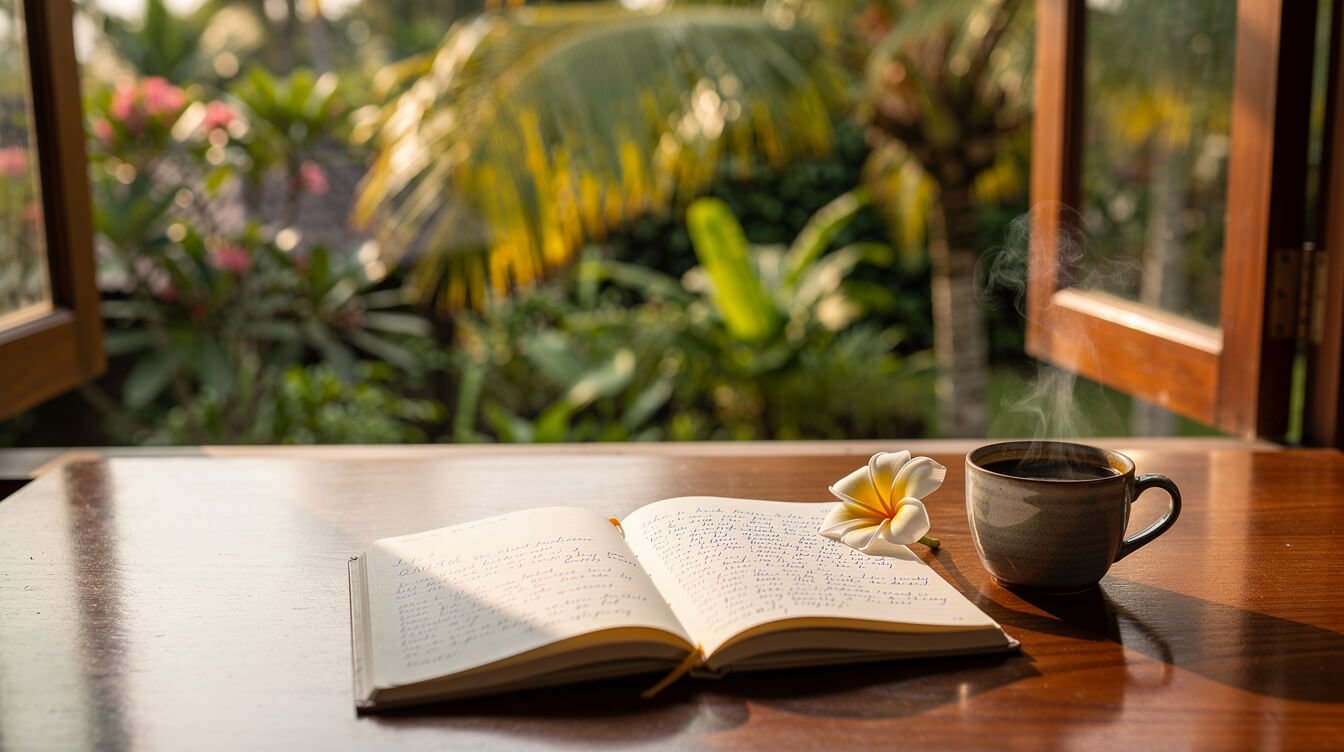 Notebook and coffee on teak desk with tropical garden view