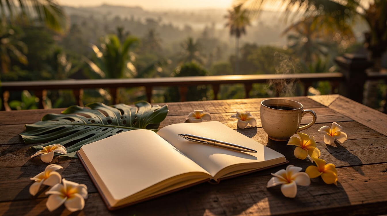 Travel journal with tropical flowers on a villa deck
