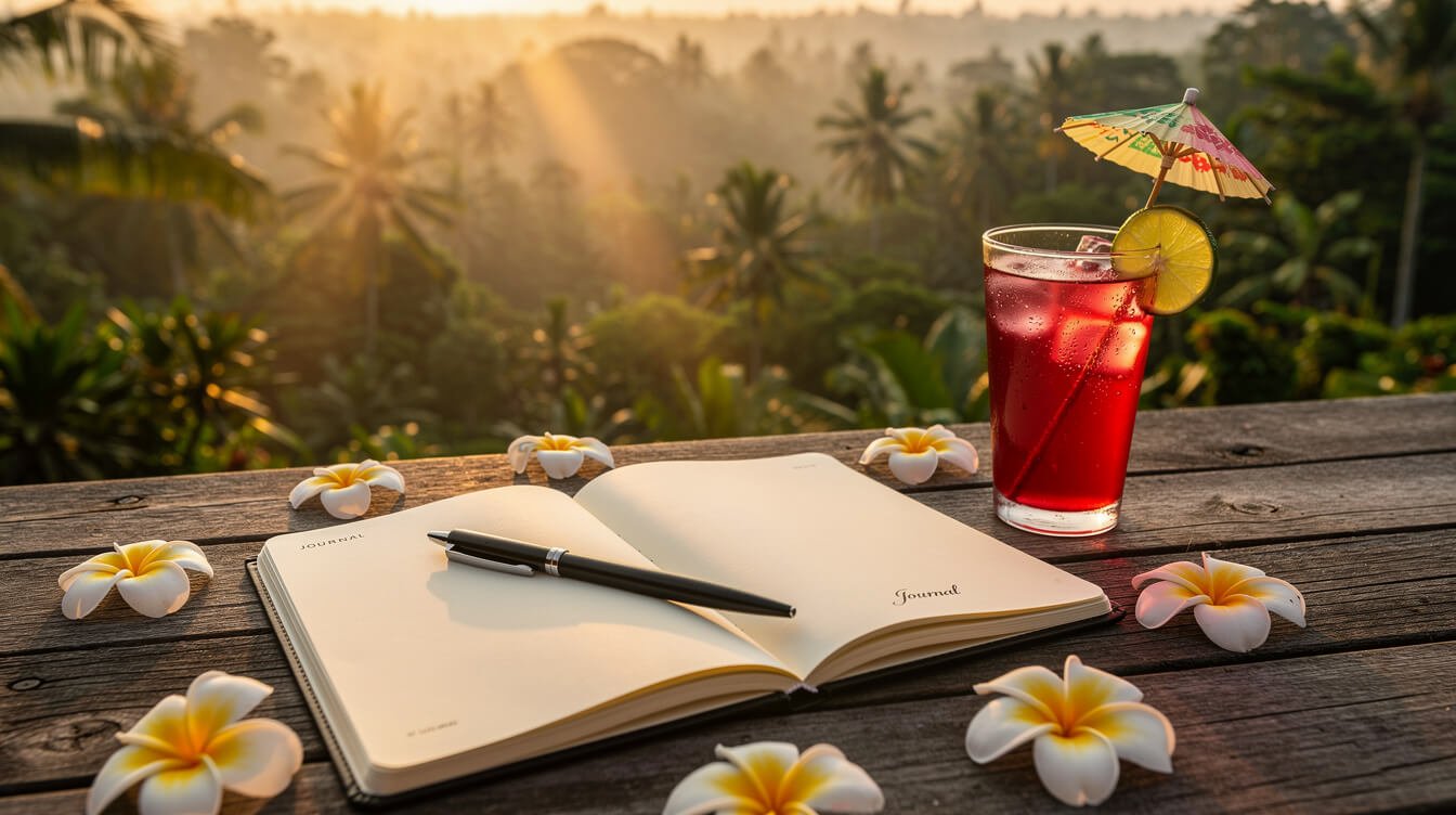 Notebook on deck overlooking Ubud jungle sunset