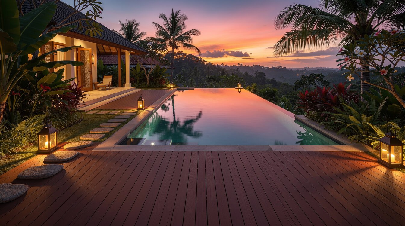 Villa Amrita pool deck at twilight