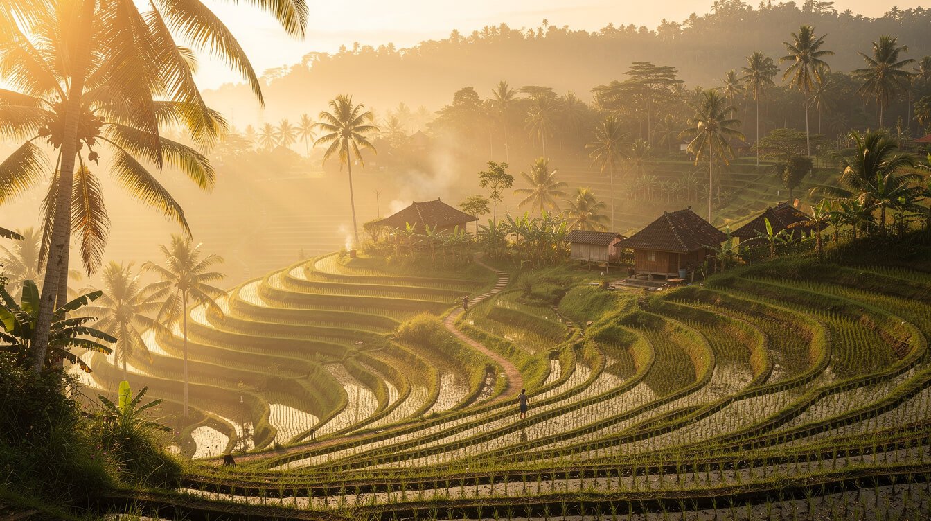 Warm Ubud morning mist over rice terraces