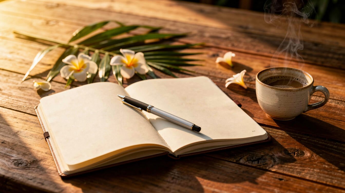Notebook and coffee on a warm timber table with tropical leaves