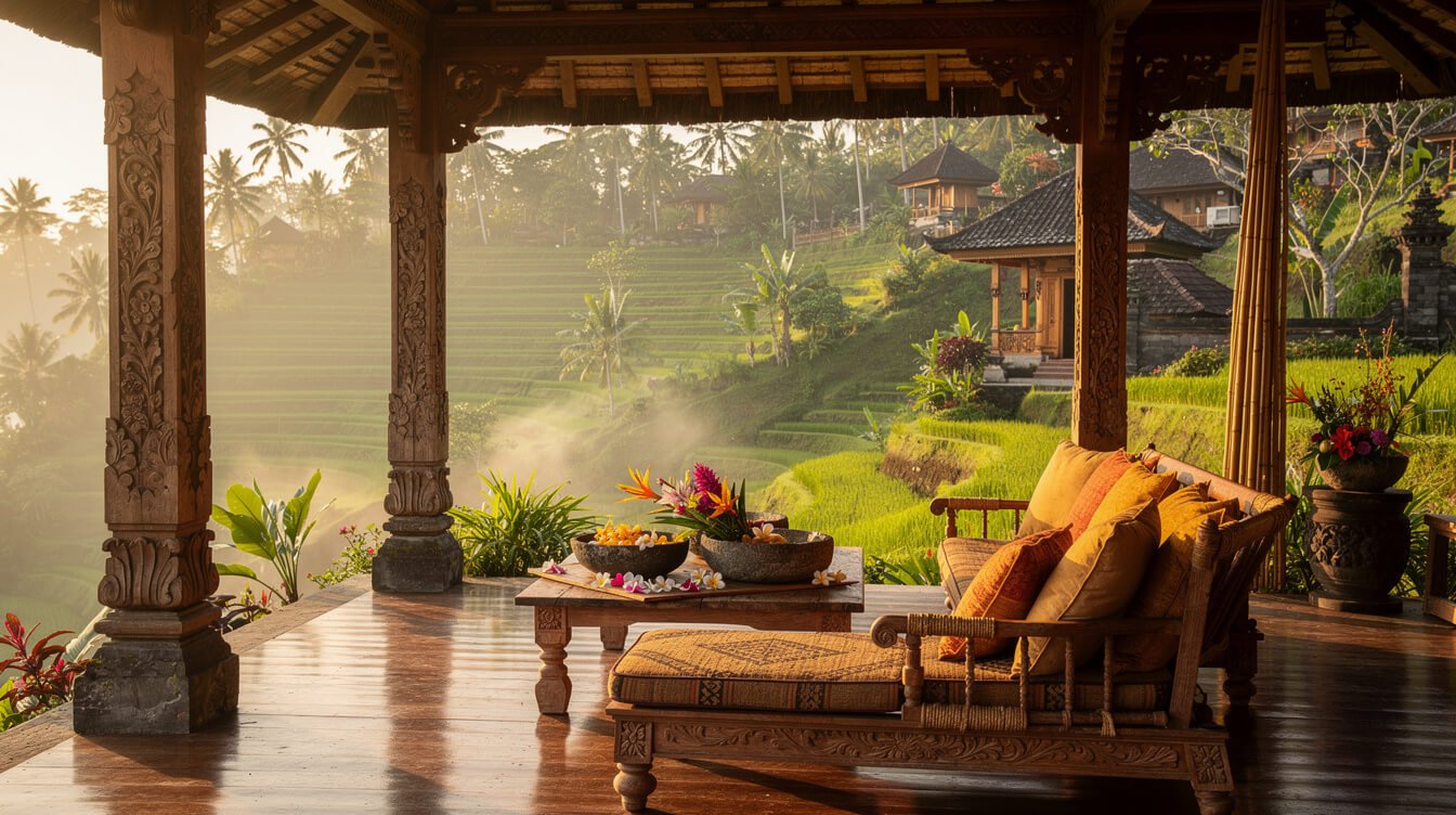 traditional Balinese veranda overlooking Ubud rice terraces