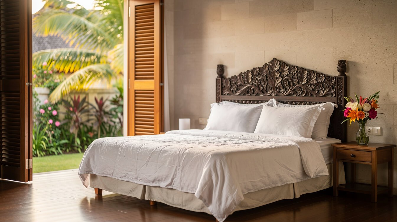 peaceful villa bedroom with tropical garden view in Ubud