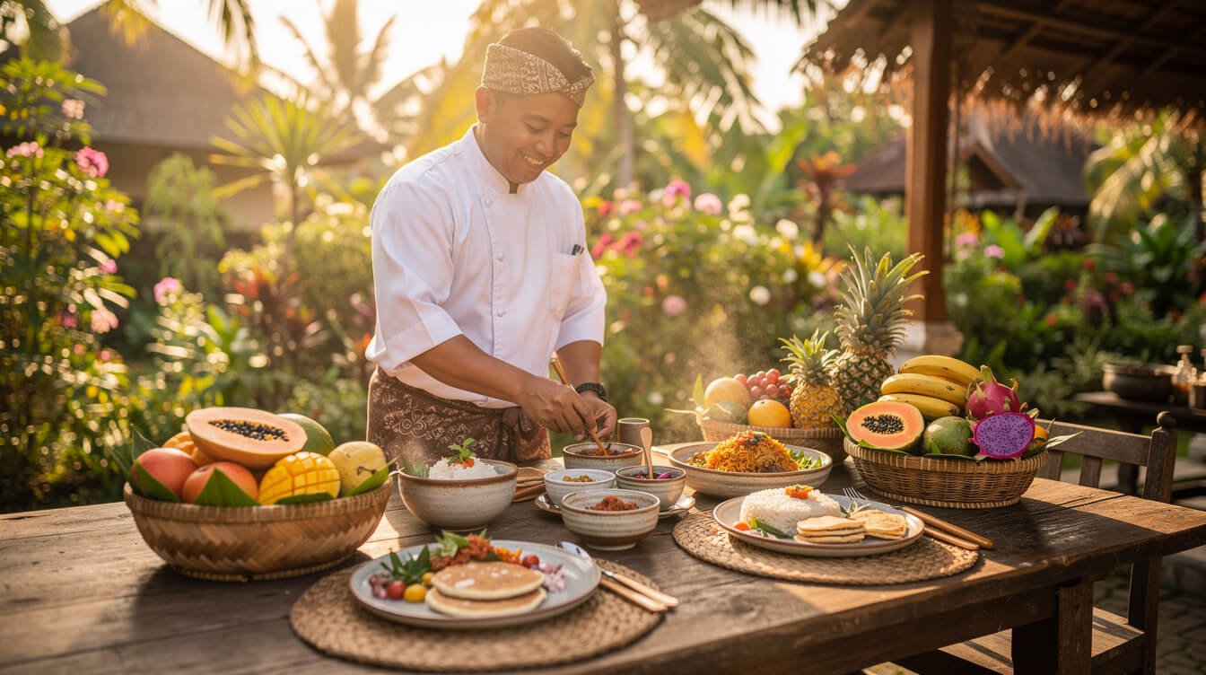 Balinese chef preparing fresh tropical breakfast at villa
