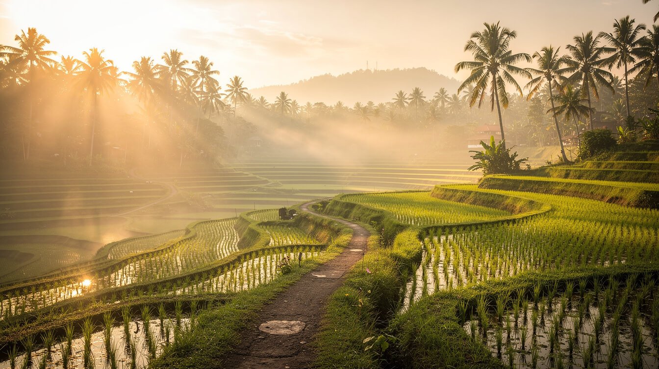 Misty Ubud rice terraces at sunrise