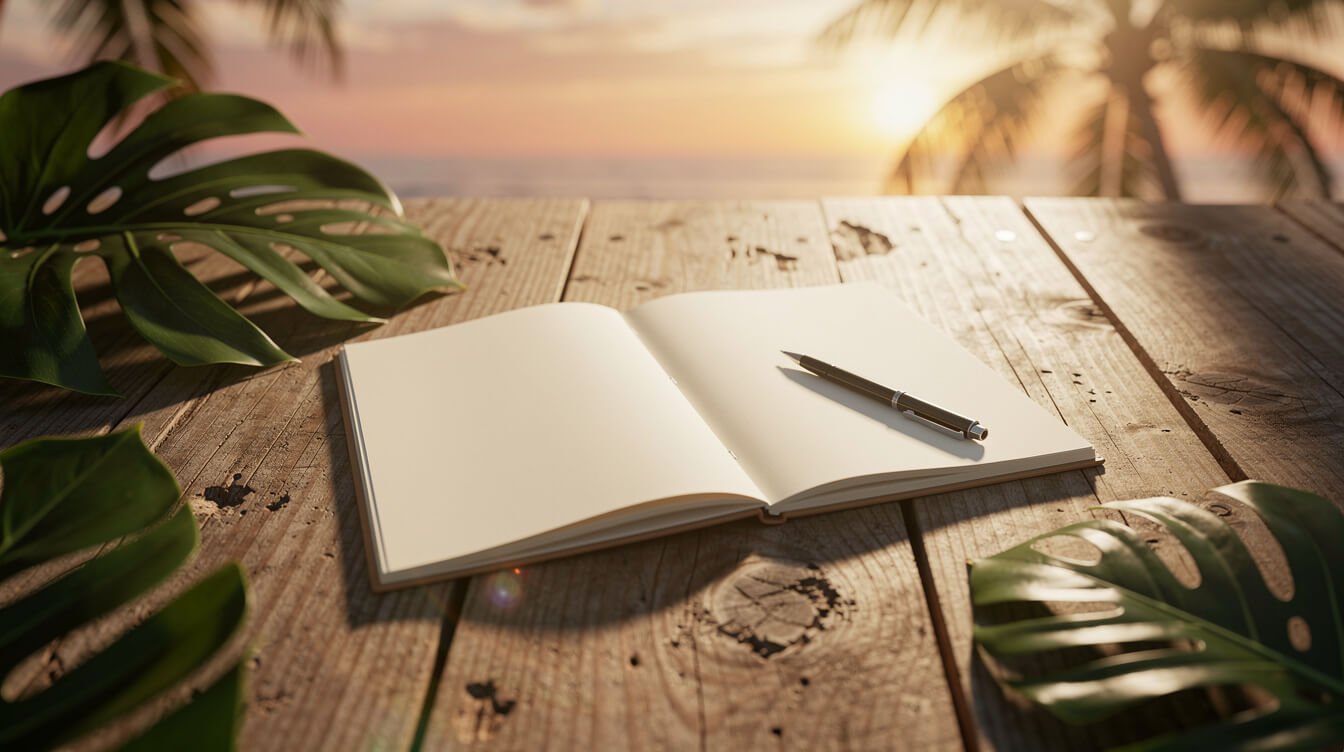 Open notebook on tropical deck at sunset