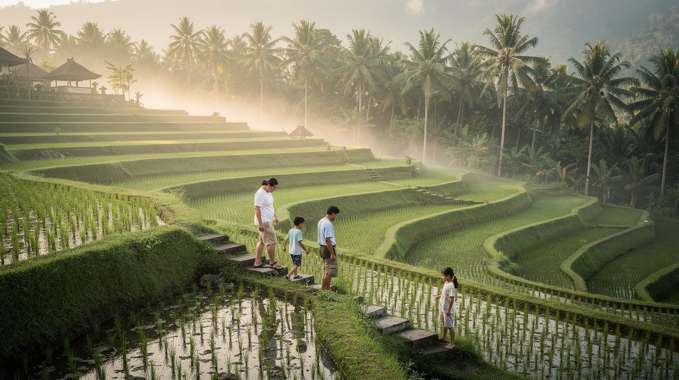 family walking through Ubud rice terraces