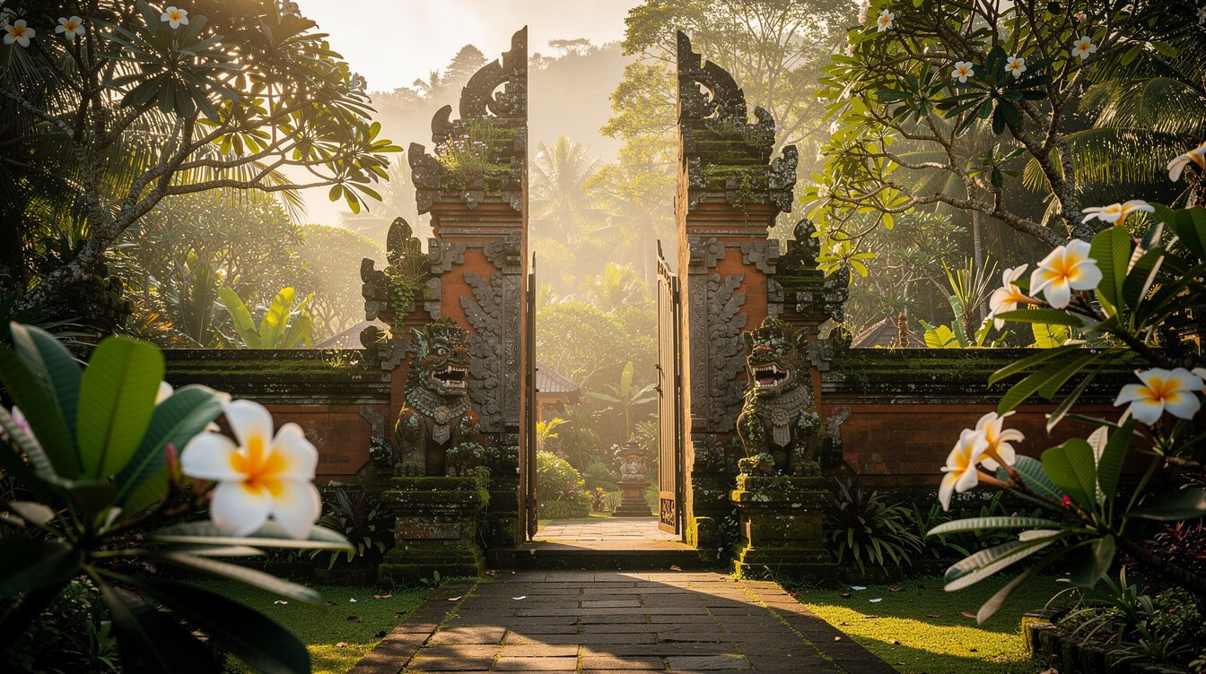 sacred Balinese temple gate with tropical foliage in Ubud