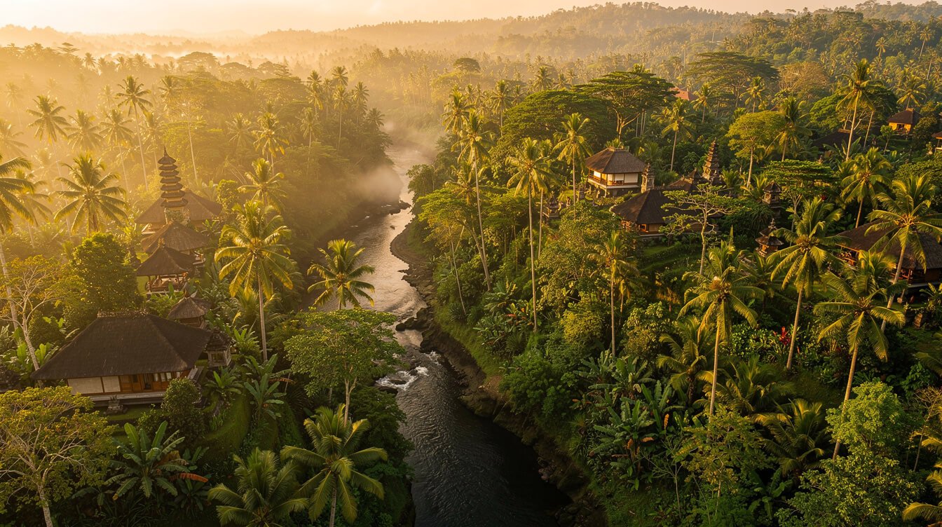 aerial view of lush Ubud valley with traditional rooftops