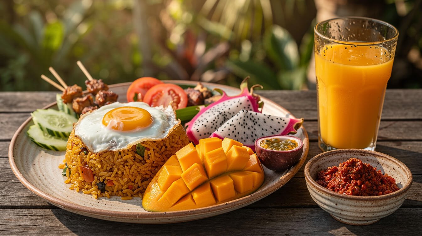 tropical breakfast spread with fresh fruits and Indonesian dishes