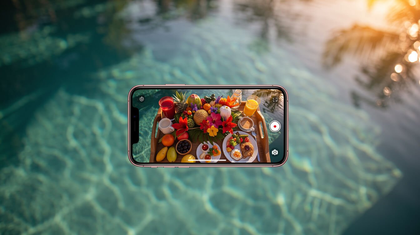 photographing a floating breakfast tray in a tropical pool