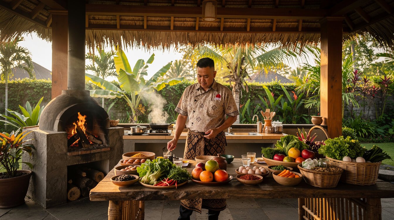 Balinese private chef preparing breakfast in outdoor kitchen