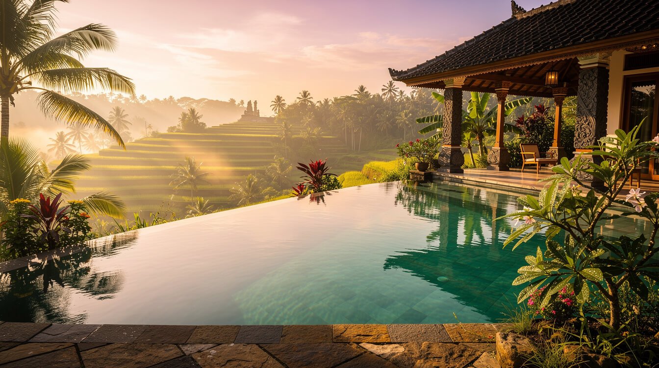 private villa pool in Ubud with rice terrace views at sunrise