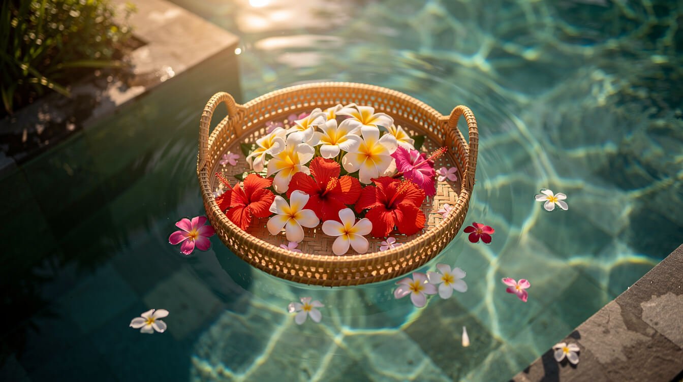 floating breakfast bali tray with tropical flowers on pool water