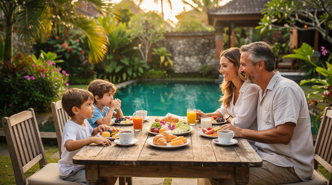 Family enjoying breakfast at Ubud villa